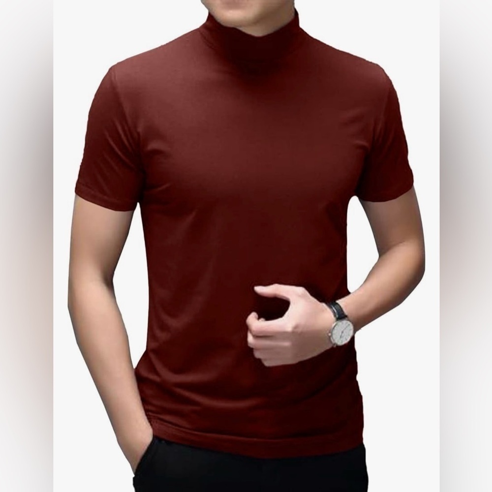Mens T Shirt Short Sleeve Basic Mock/Turtleneck Slim Fit Undershirt in Wine Red
